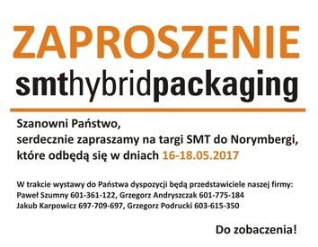 Zaproszenie na targi SMT w Norymberdze 2017